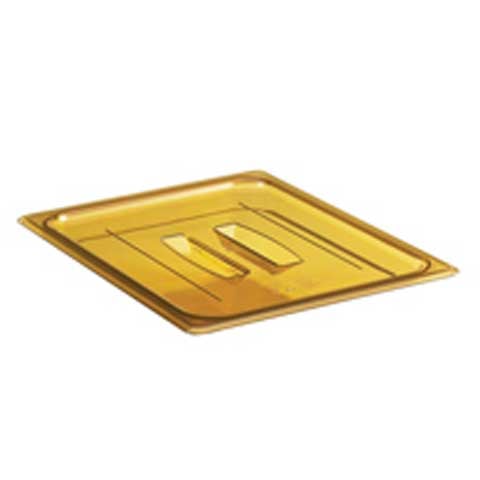 -SD- PLASTIC FLAT LID WITH HINGED NOTCHED LID FOR 1/6 SIZE HIGH HEAT GN FOOD PAN, AMBER, FLIPLID®, CAMBRO