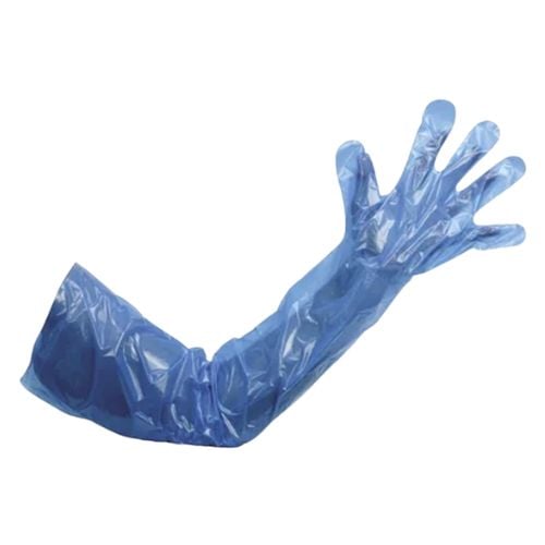 HDPE DISPOSABLE ELBOW GLOVE WITH ELASTIC OPENING L60cm, 30pcs/box, 40box/ctn, EMBOSSED, BLUE, SAFICO PRO