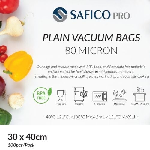 Safico Pro 80 Micron Plain Vacuum Bags 30x40cm, -40°/+121°C, 100pcs/pack, 10packs/ctn