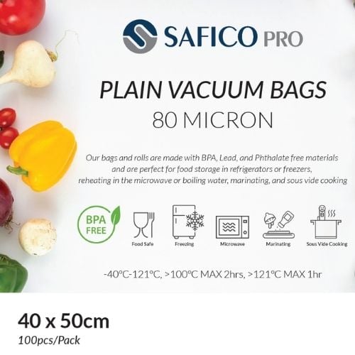 Safico Pro 80 Micron Plain Vacuum Bags 40x50cm, -40°/+121°C, 100pcs/pack, 5packs/ctn
