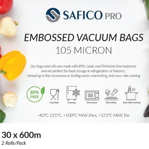 Safico Pro 105 Micron Embossed Vacuum Bag Roll L600Mxw30cm, -40°/+121°C, 2 Rolls/Pack, 12packs/ctn