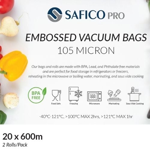 Safico Pro 105 Micron Embossed Vacuum Bag Roll L600Mxw20cm, -40°/+121°C, 2 Rolls/Pack, 18packs/ctn