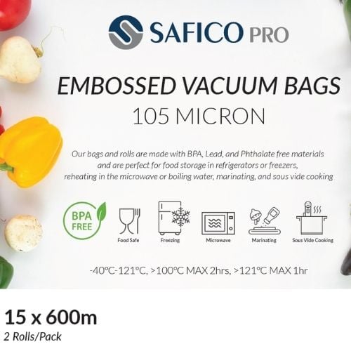 Safico Pro 105 Micron Embossed Vacuum Bag Roll L600Mxw15cm, -40°/+121°C, 2 Rolls/Pack, 18packs/ctn