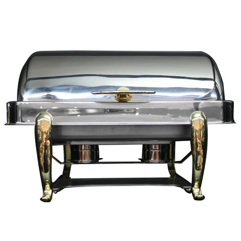 Safico Stainless Steel Chafing Dish, Oblong Roll Top, 66x45x43cm, with Brass Leg & Knob