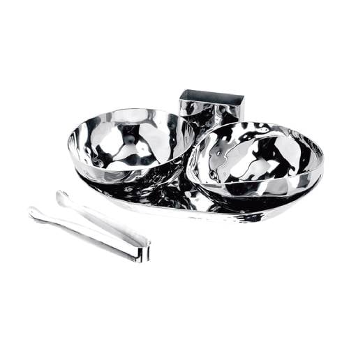 Safico Stainless Steel Condiment 5 Pcs Set, Tray Size L20xW14xH19cm, Comprises of Round Bowl, Irregular Bowl, Underliner Tray, Tooth Picker Holder, Sugar Tong, Hammered Finish