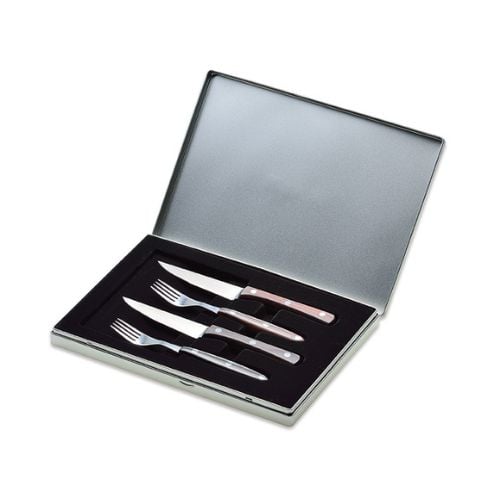 Giesser Steak Cutlery Set Of 4Pc In Aluminium Box, Olive Wooden Handle