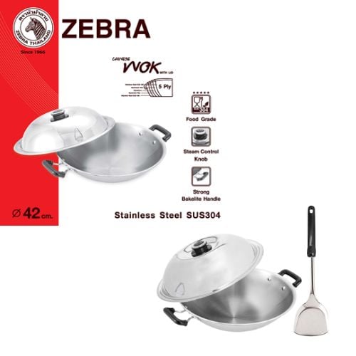 Zebra 5-Ply Stainless Steel Chinese Wok 42cm W/Lid & Stainless Steel Turner With Bakelite Handle