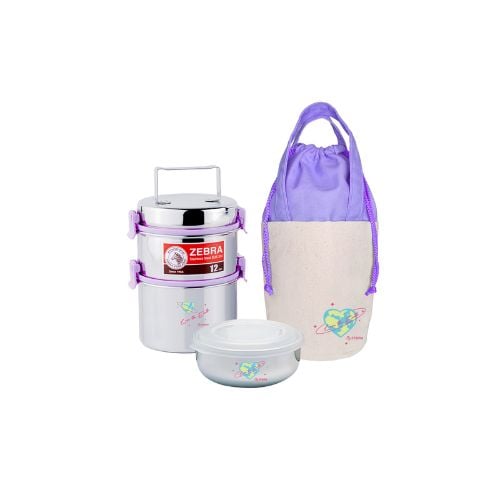 Zebra Stainless Steel Food Carrier 12x2, Smart Lock II With Stainless Steel Bowl With Lid & Save The Earth Bag, Purple