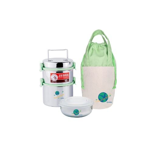 Zebra Stainless Steel Food Carrier 12x2, Smart Lock II With Stainless Steel Bowl With Lid & Save The Earth Bag, Light Green