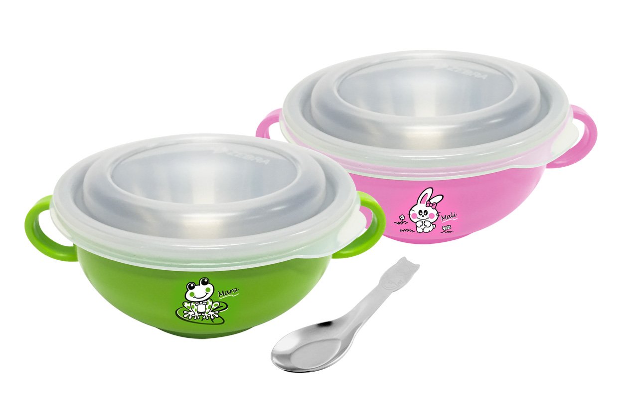 Zebra Kidy Bowl With Handle, Plc Lid & Kiddy Spoon, Assorted Colors (Green, Yellow, Blue And Pink)