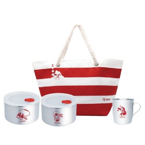 Zebra 4 Pc Stainless Steel Food Storage Set (Consists Of 2 Round Lunch Box 12cm, 1 Cup 0.5L, Red With Striped Tote Bag)
