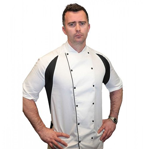 Le Chef Short Sleeve Chef Uniform, White W/Black Underam Side Panels, Staycool, 2XL