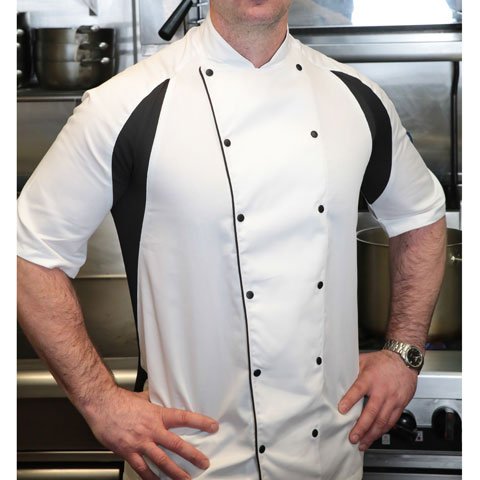 Le Chef Short Sleeve Chef Uniform, White W/Black Underam Side Panels, Staycool, L
