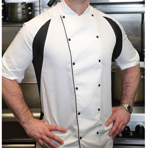 Le Chef Short Sleeve Chef Uniform, White W/Black Underam Side Panels, Staycool, M