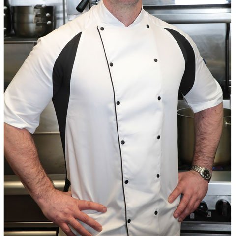 Le Chef Short Sleeve Chef Uniform, White W/Black Underam Side Panels, Staycool, S