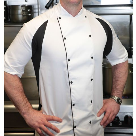 Le Chef Short Sleeve Chef Uniform, White W/Black Underarm Side Panels, Staycool, XS