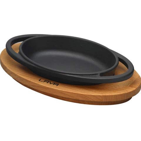 Lava Cast Iron Oval Pan With Wooden Underliner L150xW100xH25mm, Eco