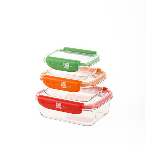 Mastrad Stor'Eat Borosilicate Set Of 3 Glass Rectangle Storage Box With PP Lid (370ml, 640ml & 1040ml), -20°C To +400°C, Assorted Colours