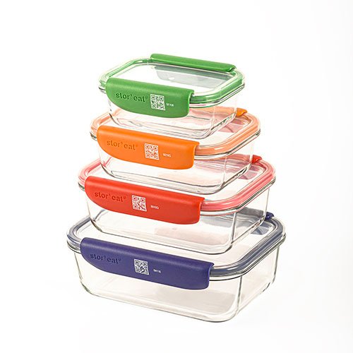 Mastrad Stor'Eat Borosilicate Set Of 4 Glass Rectangle Storage Box With PP Lid (370ml, 640ml, 1040ml & 1520ml), -20°C To +400°C, Assorted Colors