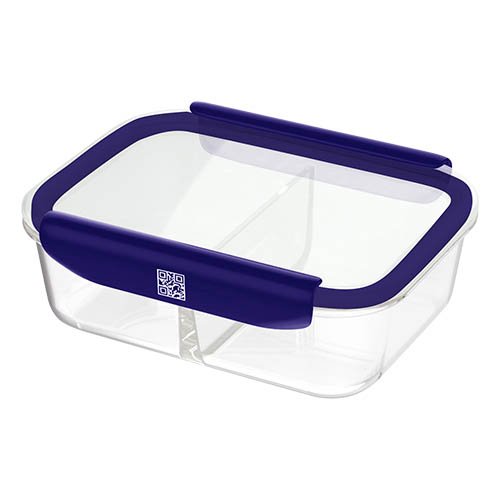 Mastrad Stor'Eat Borosilicate Glass Rectangle 2-Compartments Storage Box With PP Lid, 1450ml, -20°C To +400°C, L, Blue