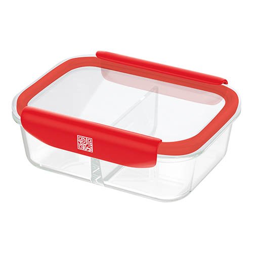 Mastrad Stor'Eat Borosilicate Glass Rectangle 2-Compartments Storage Box With PP Lid , 1000ml, -20°C To +400°C, M, Red