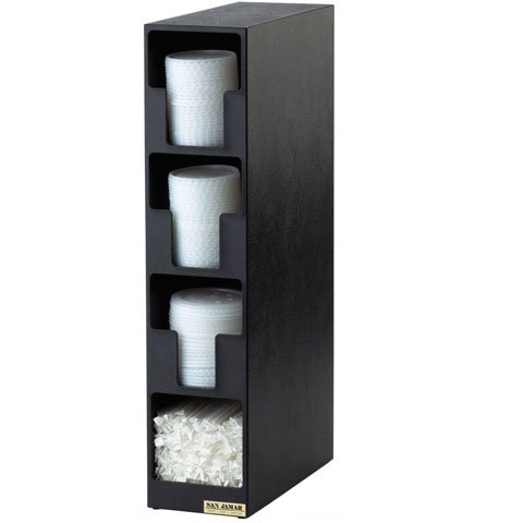 San Jamar Polystyrene Lid Towers With 3 Lid & 1 Straw Compartments H24.5xW5.5xD13", Black