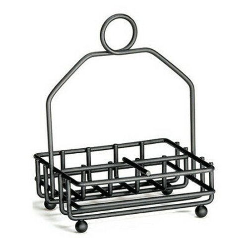 Tablecraft Powder Coated Metal Condiment Rack Fits 4.625″x4.25″x6.125″ Salt & Pepper Shakers With Packet Opening, Black