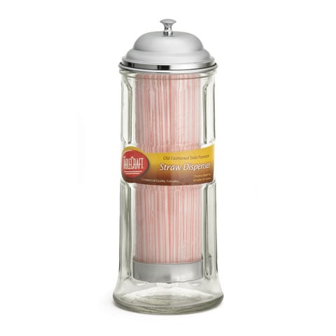 Tablecraft Glass Straw Dispenser With Chrome Plated Top, Ø4xL4xW1/4xH11"