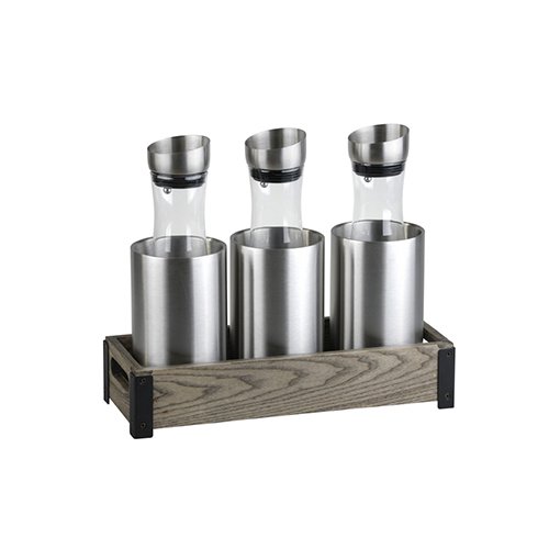 Tiger Hotel Stainless Steel Glass Juice Dispenser With Wooden Tray L41.7xW16.1xH33.1cm 3X1.1L Natural