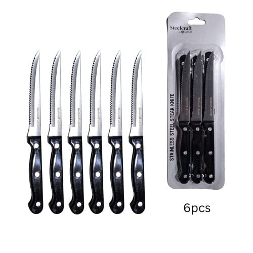 Steelcraft Steak Knife With Riveted Black Plastic Handle L22cm, Sharp End, 6Pcs/Pack