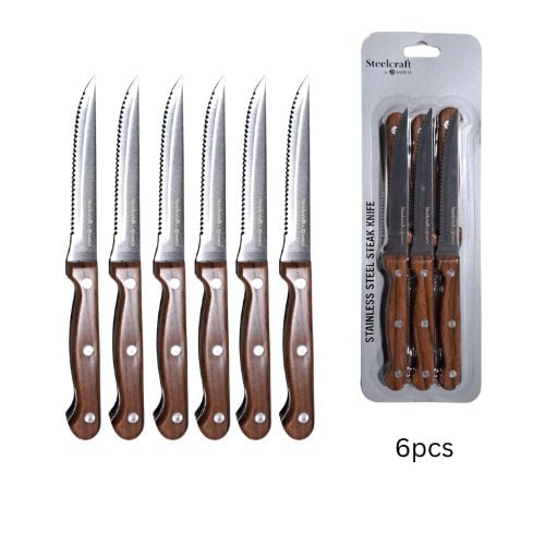 Steelcraft Steak Knife With Riveted Laminated Wood Grain Plastic Handle L22cm, Sharp End, 6Pcs/Pack