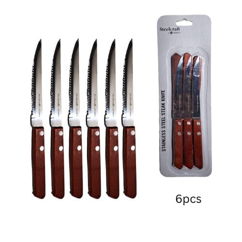Steelcraft Steak Knife With Riveted Wood Handle L21cm, Sharp End, 6Pcs/Pack