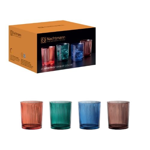 Nachtmann Aperitivo Set Of 4Pcs Lead Free Crystal Whisky Tumbler Ø8.6xH9.7cm, 370ml, Fox Red / Sea Green /Dark Blue / Mocca Mousse