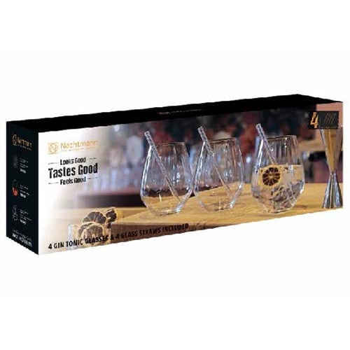 Nachtmann Tastes Good Lead Free Crystal Gin Tonic Set Of 4X Gin Tonic Glass Ø10.3xH11.9cm, 625ml, 4Xglass Straw L15cm, 1xCleaning Brush L15cm