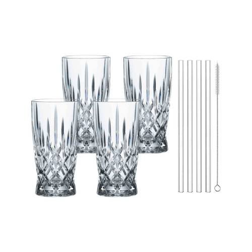 Nachtmann Noblesse Set of 8 Lead Free Crystal Latte Macchiato 4X Glasses 350ml, 4xGlass Straw L21cm, 1xCleaning Brush