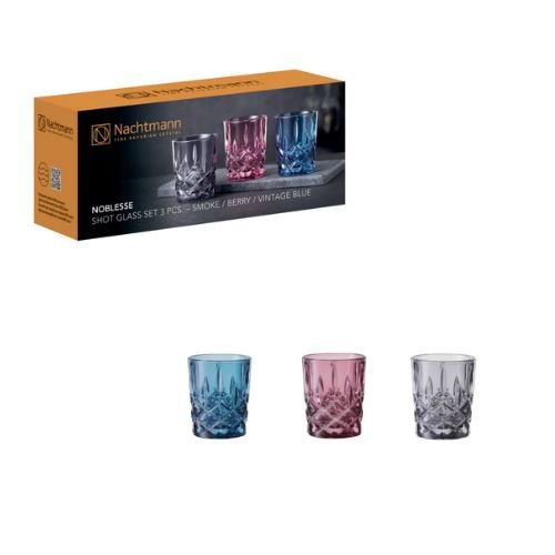 Nachtmann Noblesse Lead Free Crystal 3PC Set Of Shot Glass 55ml, 1xVintage Blue, 1xBerry, 1xSmoke