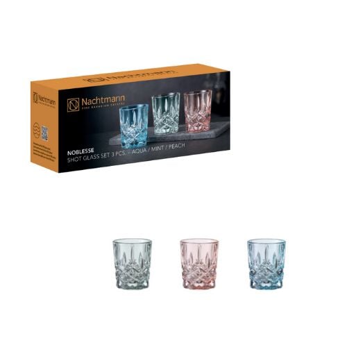 Nachtmann Noblesse Lead Free Crystal 3PC Set Of Shot Glass 55ml, 1xMint, 1xPeach, 1xAqua