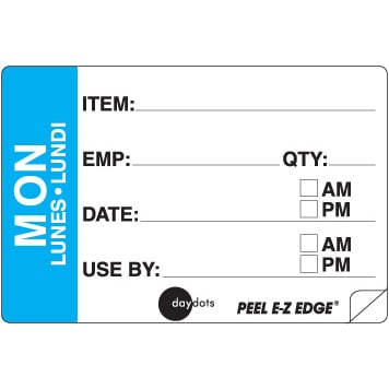 Ecolab Daydots Monday 2x3" Trilingual Emp/Prep Date Superemovable Peel, 500Pcs/Roll