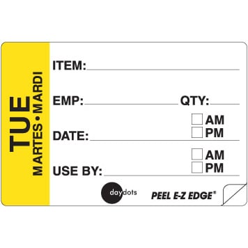 Ecolab Daydots Tuesday 2x3" Trilingual Emp/Prep Date Superemovable Peel, 500Pcs/Roll