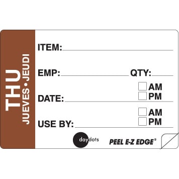 Ecolab Daydots Thursday 2x3" Trilingual Emp/Prep Date Superemovable Peel, 500Pcs/Roll