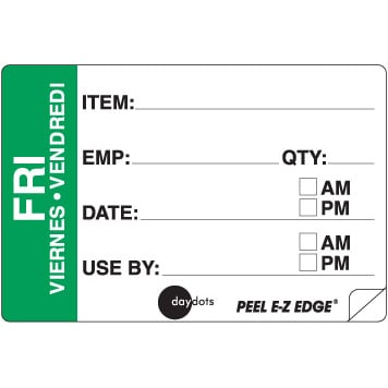 Ecolab Daydots Friday 2x3" Trilingual Emp/Prep Date Superemovable Peel, 500Pcs/Roll