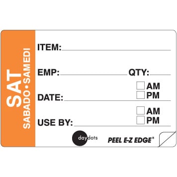 Ecolab Daydots Saturday 2x3" Trilingual Emp/Prep Date Superemovable Peel, 500Pcs/Roll