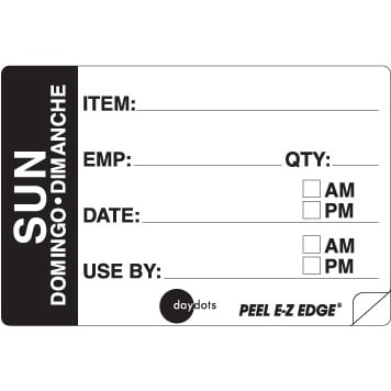 Ecolab Daydots Sunday 2x3" Trilingual Emp/Prep Date Superemovable Peel, 500Pcs/Roll