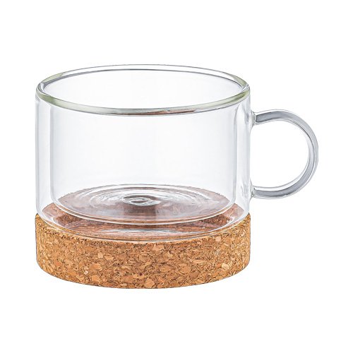 Aramoro Borosilicate Glass Double Wall Cup With Handle And Coaster, 220ml, 2Pcs/Set