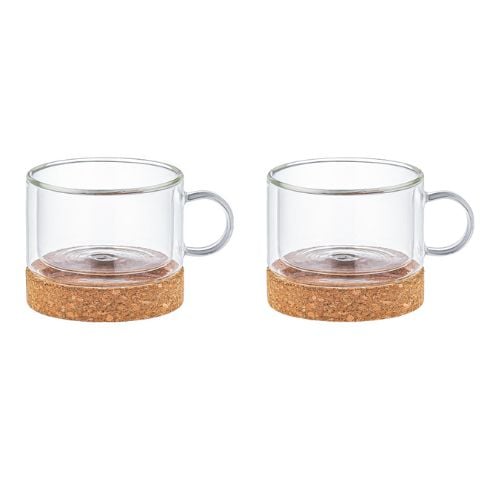 Aramoro Borosilicate Glass Double Wall Cup With Handle And Coaster, 220ml, 2Pcs/Set