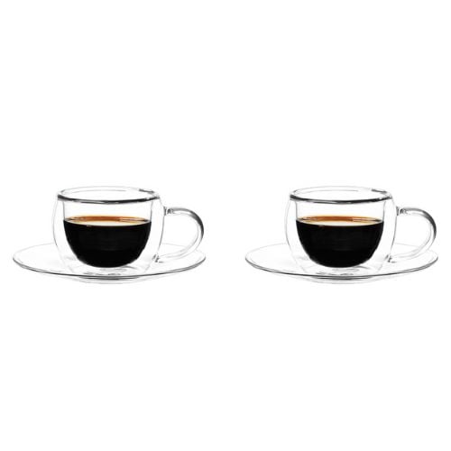 Aramoro Borosilicate Glass Double Wall Cup With Handle And Saucer, 80ml, 2Pcs/Set