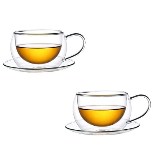 Aramoro Borosilicate Glass Double Wall Cup With Handle And Saucer, 270ml, 2Pcs/Set