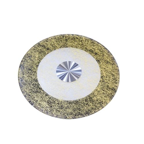 LAZY SUSAN GLASS WITH SILVER BASE RING DUCK BEAK EDGE 80cm, TH: 10mm, WAVY LIGHT GOLD THREAD