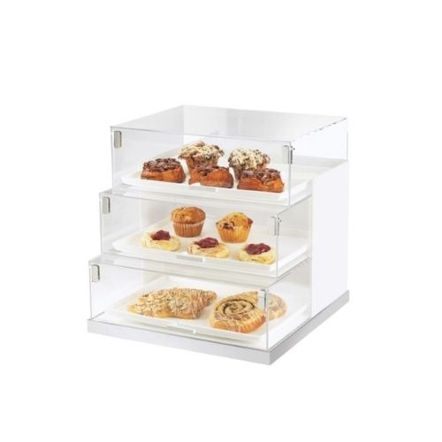 Cal-Mil Stainless Steel Luxe Step Display Case Include 3 White Tray L19xW20xH19", Luxe