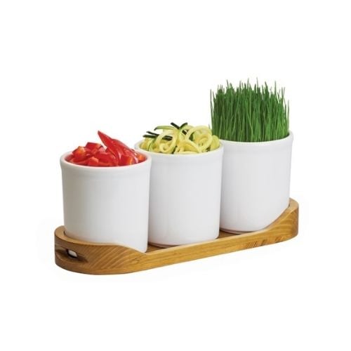 Cal-Mil Wdn Tray With 3 Mel Cylinders W16xD5½xH6", 3x32Oz , Madera